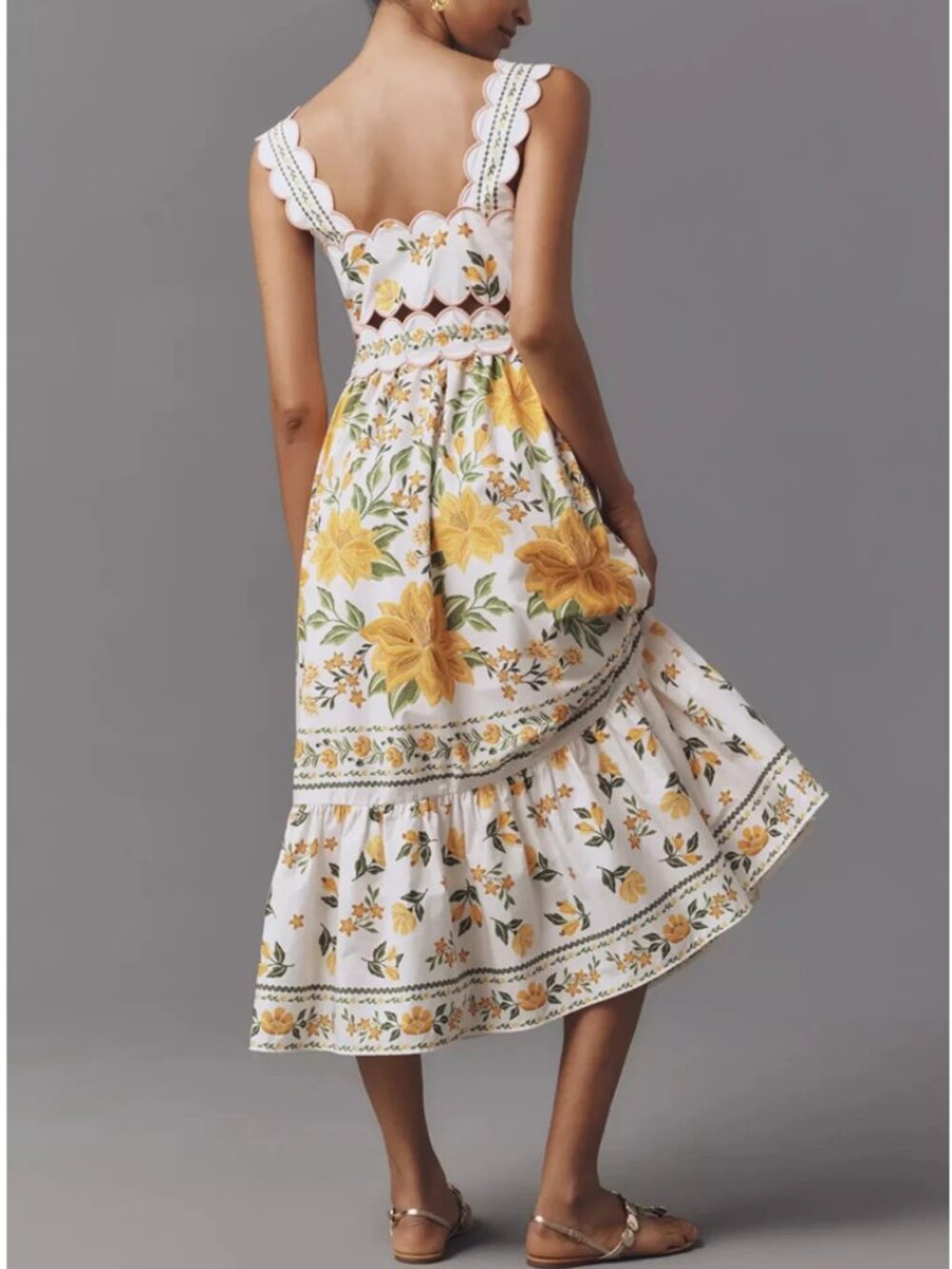 Farm Rio x Anthropologie Sleeveless Scallop-Trim Printed Midi Dress S - Picture 2 of 15